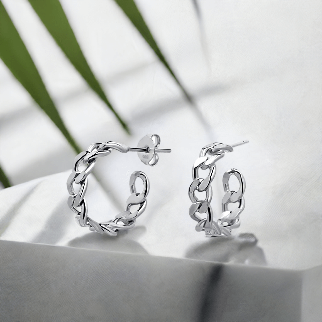 Curb Link Hoop Earrings 925 Silver with Gold Vermeil - Image 3