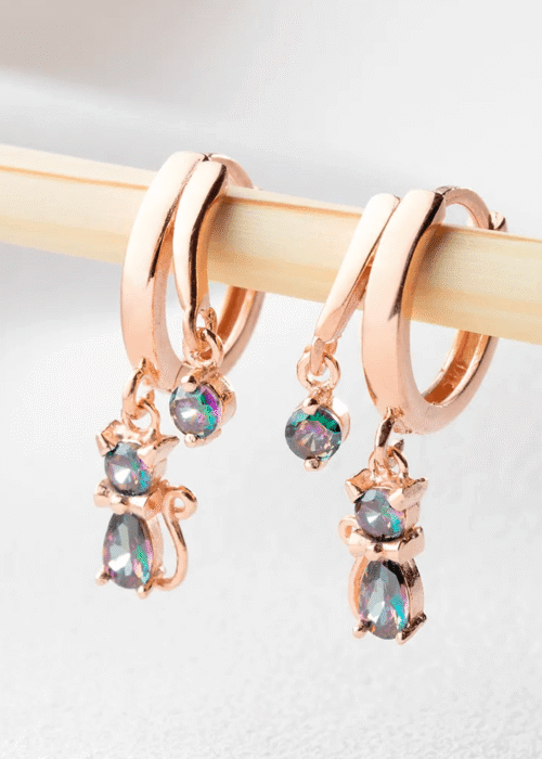 Cat Earrings 925 Sterling Silver Dangling Huggie Hoops