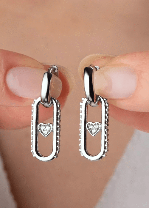 Dangle Heart with Zircon Huggie Hoops Silver Earrings