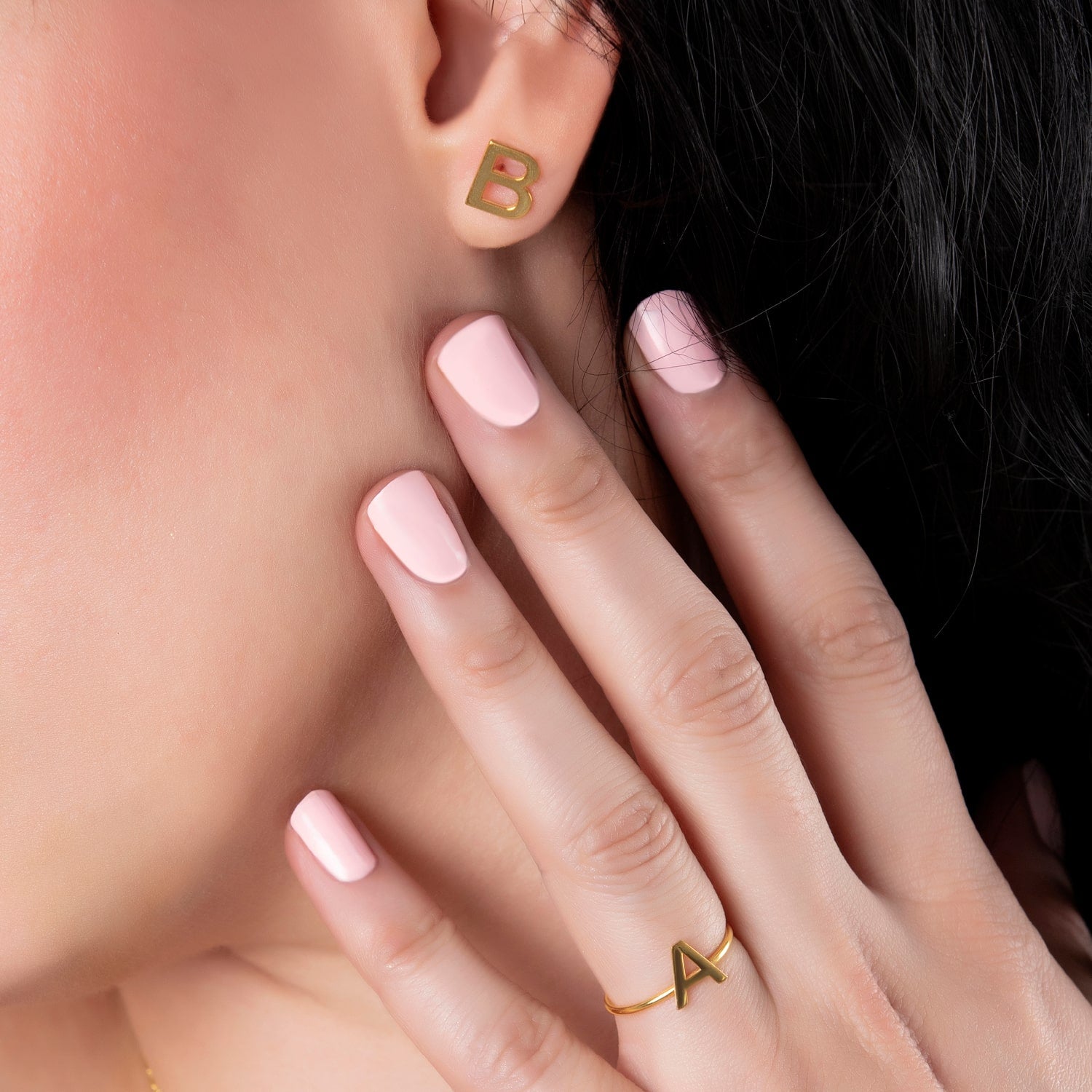 Set Stud Earrings and Ring Gold-Plated AB Letters